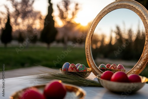 Contemporary Nowruz Elegance Persian Haft-Sin Table with Natural Textures in Spring Sunlight - Cultural Event Design and Sustainable Holiday Inspiration