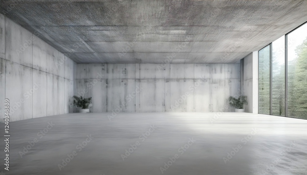 A minimalistic concrete room with large windows, allowing natural light, and featuring a few plants, creating a serene, open atmosphere. A minimalistic concrete room with large windows, allowing natural light, and featuring a few plants, creating a serene, open atmosphere.