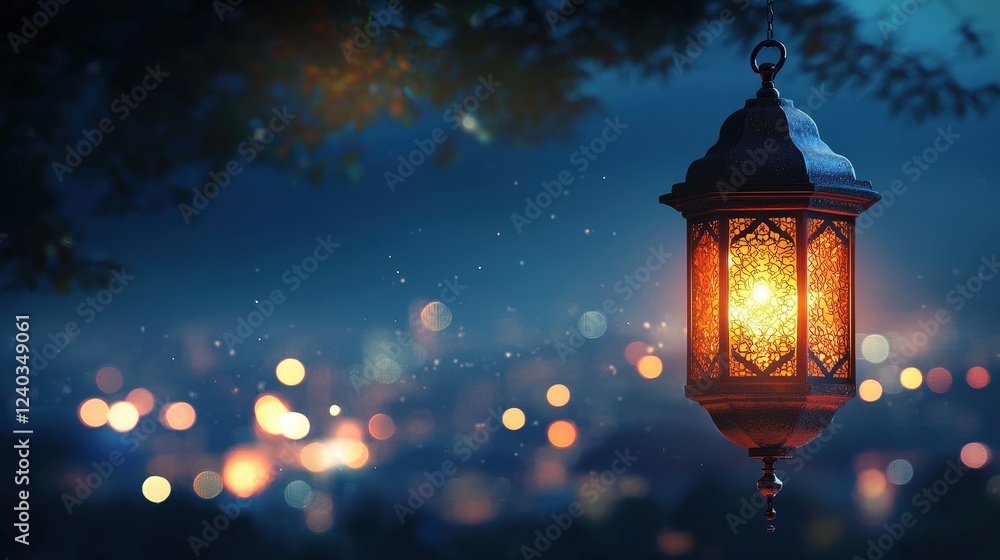 Beautifully Lit Lantern Hanging Against Deep Evening Sky with Bokeh City Lights in Background Beautifully Lit Lantern Hanging Against Deep Evening Sky with Bokeh City Lights in Background
