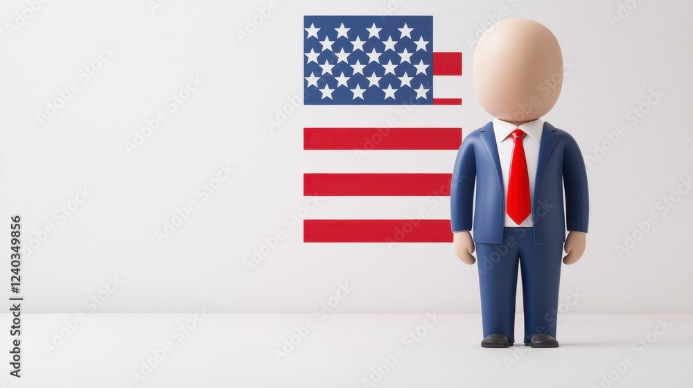 3D Rendered Business Figure Before American Flag on White Wall 3D Rendered Business Figure Before American Flag on White Wall