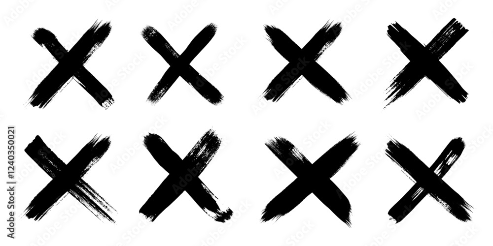 Hand drawn dirty grunge brush strokes cross x vector illustration icon set. Cross mark wrong symbol graphic design collection. Check mark symbol NO button for vote in check box, web, etc. Hand drawn dirty grunge brush strokes cross x vector illustration icon set. Cross mark wrong symbol graphic design collection. Check mark symbol NO button for vote in check box, web, etc.