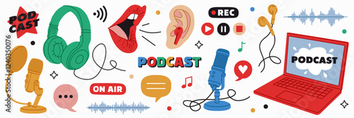 Set of podcast recording and listening, broadcasting, online radio, audio streaming service elements isolated on background. Headphones, microphone, laptop, equalizer, speech bubbles. Vector illustrat