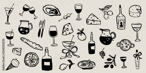Italian French Spanish food restaurant doodle sketch collection. Seafood vacation picnic summer party set. La dolce vita whimsical style.
