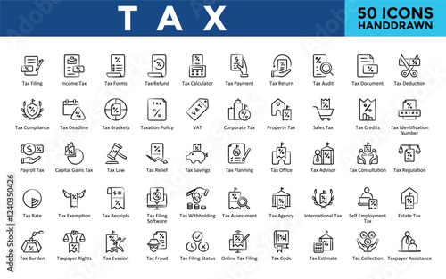 Tax icons set with tax filing, income tax, tax forms, tax refund, tax calculator, tax payment, tax return, tax audit, tax document, tax deduction icon. Simple handddrawn vector 
