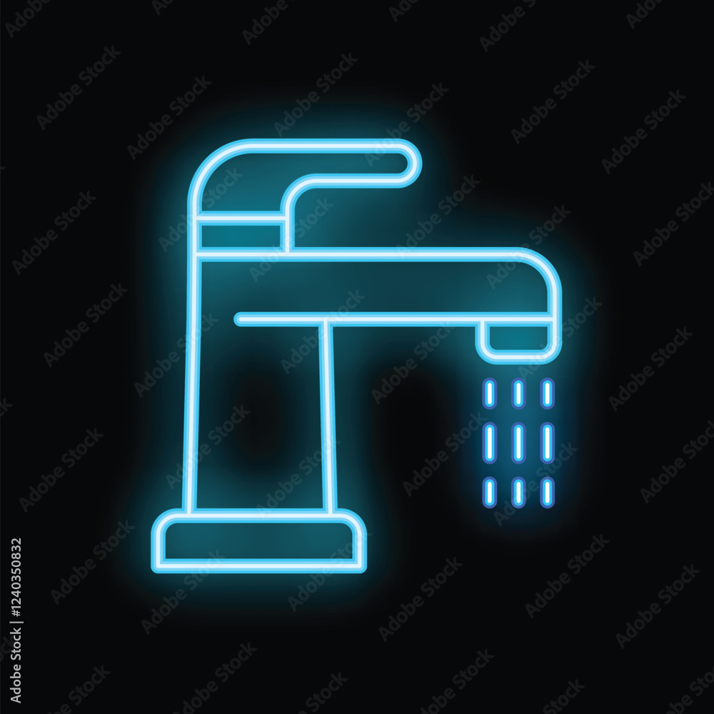 Neon sign of a water faucet pouring water, perfect for projects related to water conservation, plumbing, and home improvement Neon sign of a water faucet pouring water, perfect for projects related to water conservation, plumbing, and home improvement