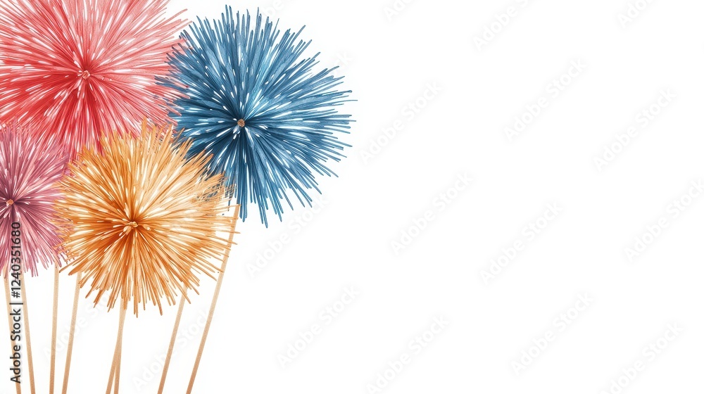 Obraz premium Abstract Stylized Fireworks Flowers in Red Orange Blue Beige on White Background