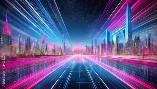 A vibrant, futuristic cityscape illuminated with neon lights, featuring skyscrapers and a reflective water surface under a starry night sky.