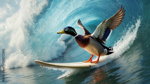 Duck surfing a big wave with goggles and open wings