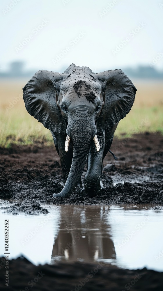 Fototapeta premium Majestic African Elephant in Mud Puddle