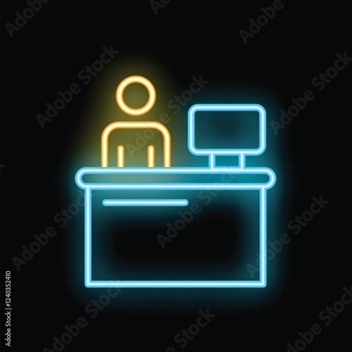 Neon sign of person working on computer at reception desk