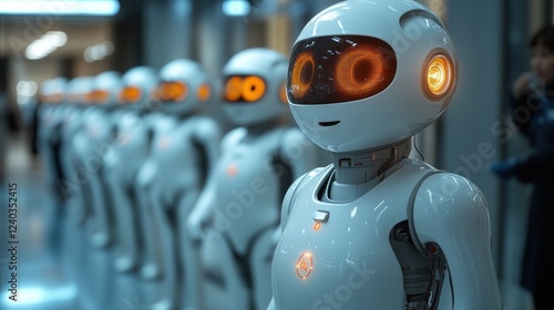 Wallpaper Mural A line of advanced humanoid robots stands in a futuristic setting Torontodigital.ca