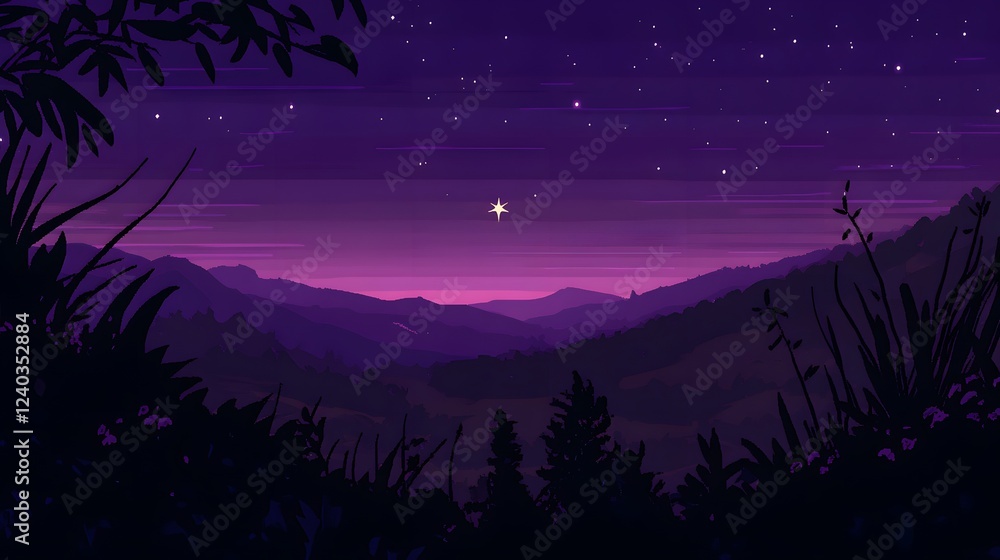 Serene Night Landscape, Purple Mountains under Starlit Sky Serene Night Landscape, Purple Mountains under Starlit Sky