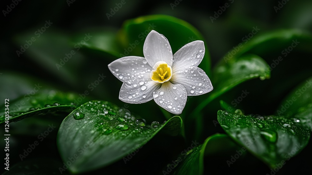 A single snowdrop flower close-up, with dewdrops on the petals A single snowdrop flower close-up, with dewdrops on the petals