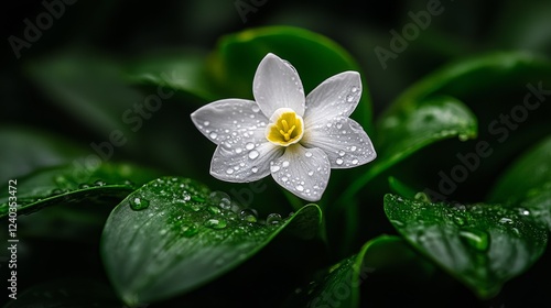 A single snowdrop flower close-up, with dewdrops on the petals photo