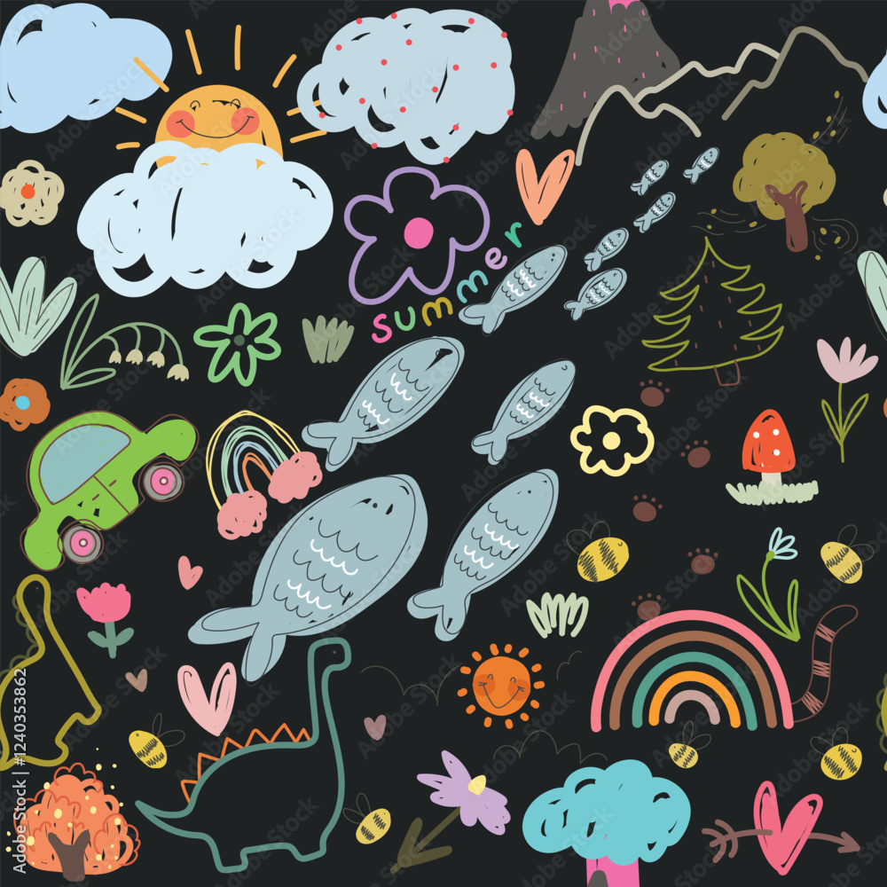 Naklejka premium Hand drawn kids illustration with cartoon nature, animals, plants on black background. Vector illustration for kids.