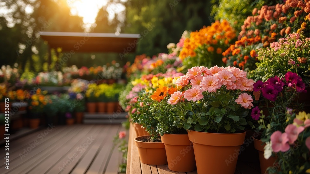 Fototapeta premium vertical garden made of small pots, vibrant flowers growing, sunlight shining on the balcony