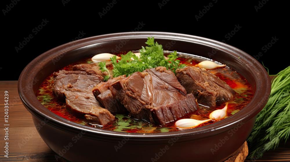 Rich Beef Stew in Earthenware Bowl on Rustic Wooden Table Rich Beef Stew in Earthenware Bowl on Rustic Wooden Table
