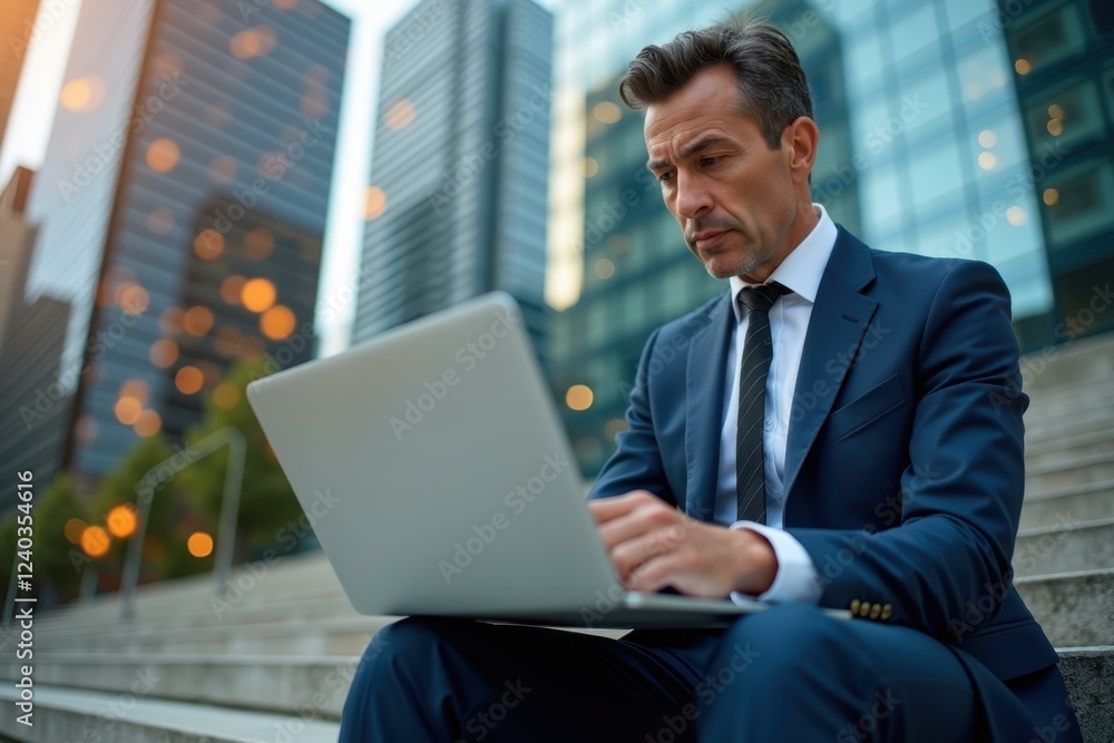 Businessman in blue suit using laptop outdoors, working remote in urban city during sunset, modern office buildings background, professional technology concept, corporate environment productivity foc Businessman in blue suit using laptop outdoors, working remote in urban city during sunset, modern office buildings background, professional technology concept, corporate environment productivity foc