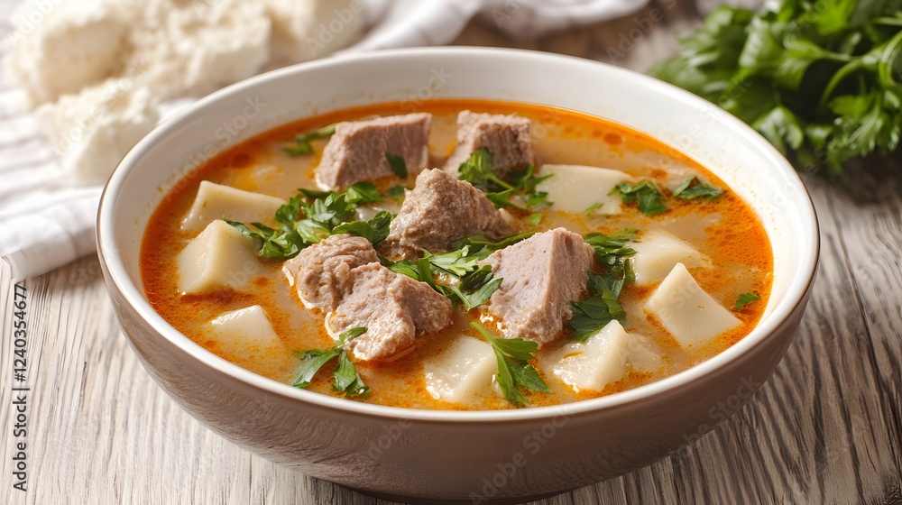 Delicious Meat and Potato Soup in Bowl, Homemade Recipe Delicious Meat and Potato Soup in Bowl, Homemade Recipe