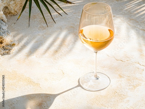 Summer White Wine Glass on Beige Stone, Palm Shadow