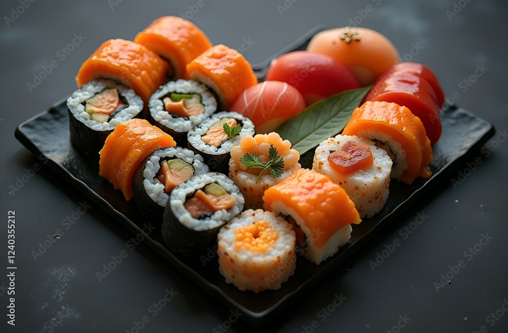 Rolls and sushi lie in the shape of a heart. Valentine's Day. International Sushi Day