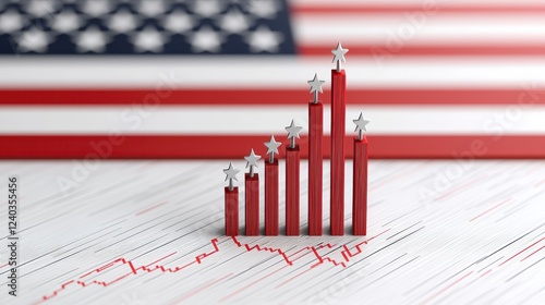 Ascending Red Bar Graph with Stars Against Blurred US Flag