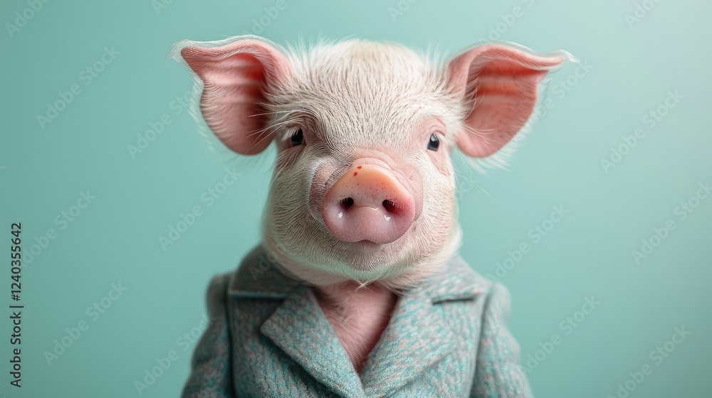 Fototapeta premium National pig day. Stylish animal wearing a tailored business suit, captivates with its adorable expression. Set against a light backdrop, it embodies charm and whimsy with a touch of professionalism