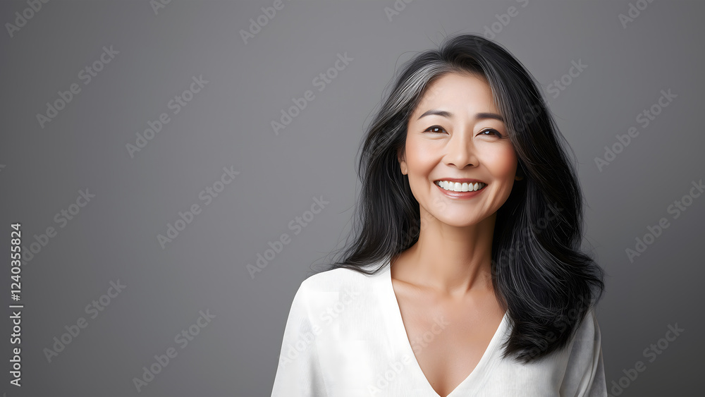 Beautiful middle aged Asian woman on grey background Beautiful middle aged Asian woman on grey background