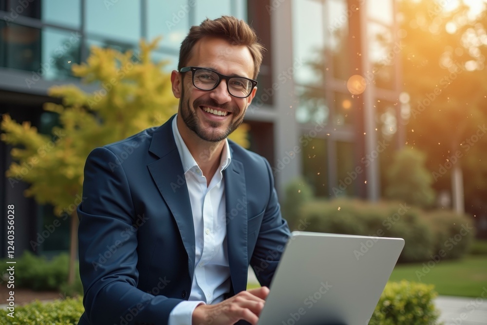 Man is smiling while using his laptop outside on bench Man is smiling while using his laptop outside on bench