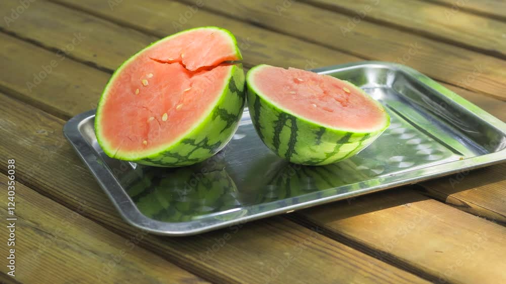 Freshly sliced watermelon served on a tray outdoors during a warm summer day Freshly sliced watermelon served on a tray outdoors during a warm summer day