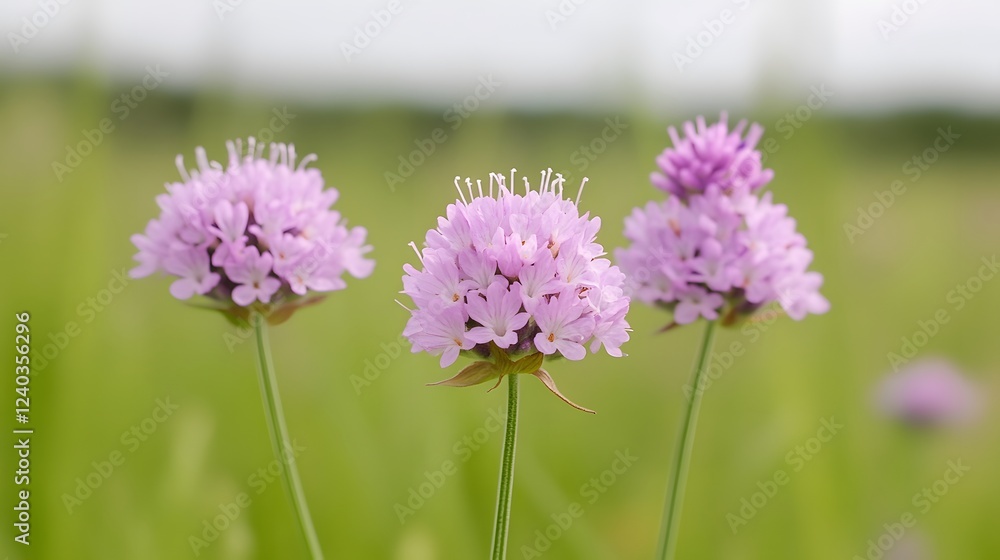 Stunning Closeup of Three Pink Scabiosa Flowers in a Lush Green Meadow Stunning Closeup of Three Pink Scabiosa Flowers in a Lush Green Meadow