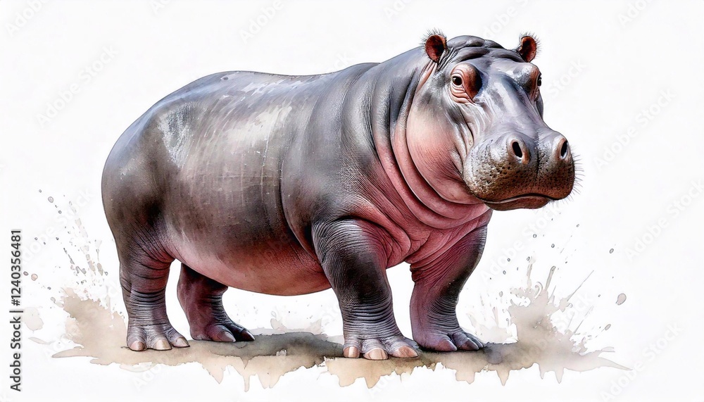 Obraz premium Hippopotamus standing on its paws in watercolor art on a white background