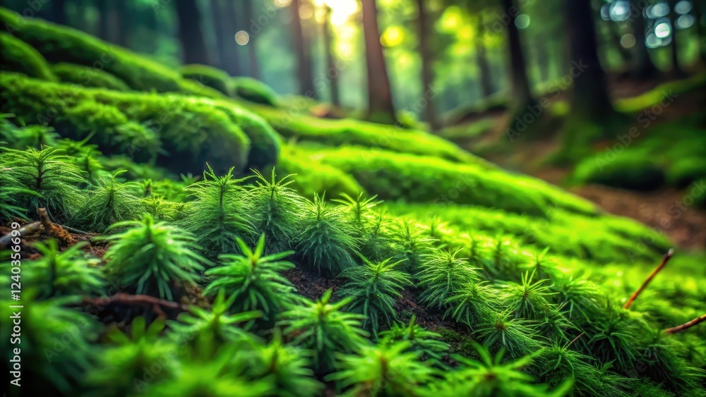 Lush Green Moss Carpet in a Sun-Dappled Forest with Tiny Evergreens Emerging Lush Green Moss Carpet in a Sun-Dappled Forest with Tiny Evergreens Emerging