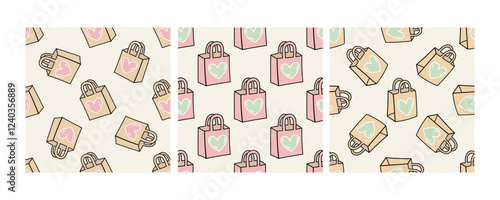 Set of seamless eco shopping bag patterns in doodle flat style