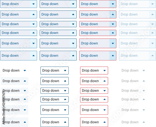 Drop down menu icon on white background. List bar. Navigation element. Arrow, show more, less. Web ui for apps. Colored flat design. Vector illustration.