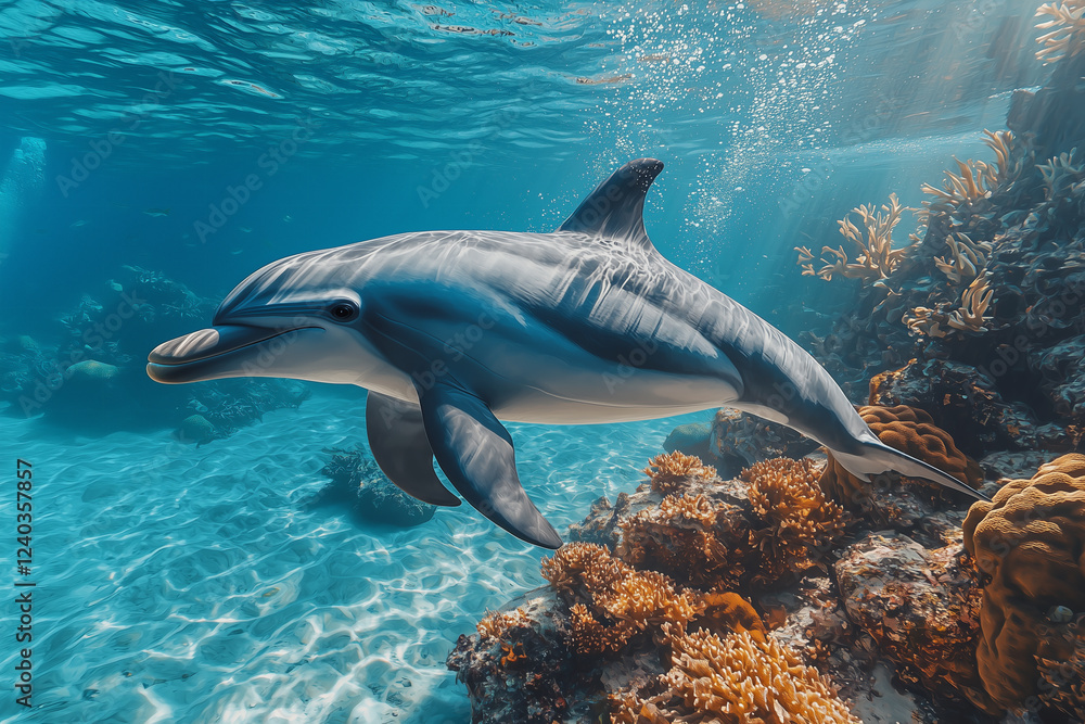 Fototapeta premium wild dolphin swimming near a coral reef