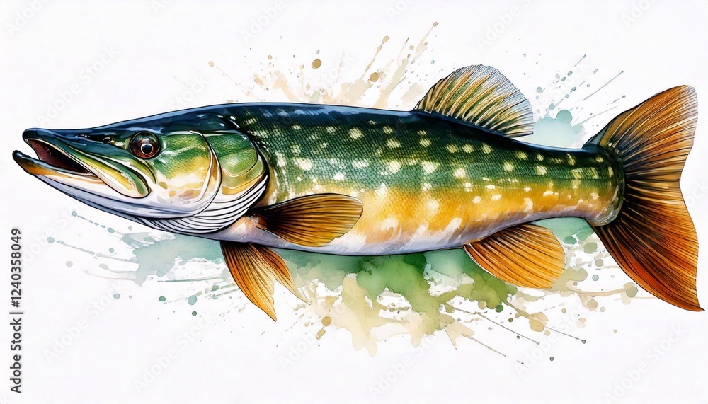 Watercolor pike illustration showcasing detailed features on a bright background Watercolor pike illustration showcasing detailed features on a bright background