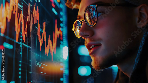 young investor analyzing cryptocurrency charts with excitement reflecting stock market trends finance technology digital economy and investment strategies in a futuristic trading environment photo