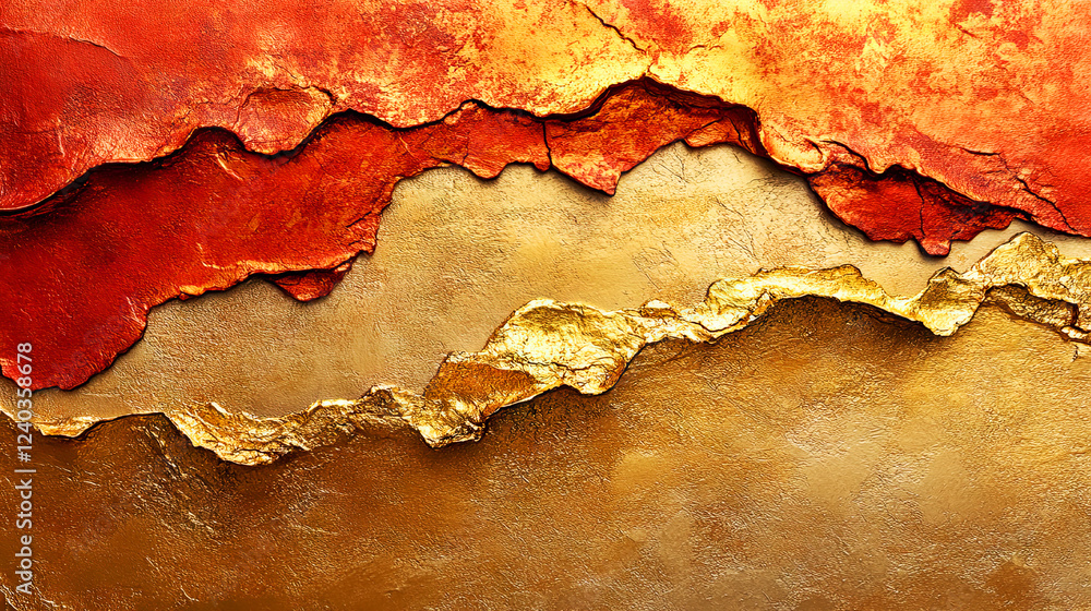 Obraz premium Layered metallic background with rich textures, combining gold, red, and bronze hues. Cracked and embossed details