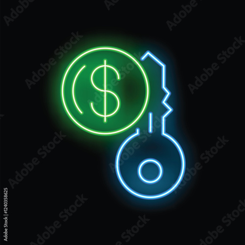 Glowing neon icon of a key unlocking a dollar coin, representing financial success and wealth
