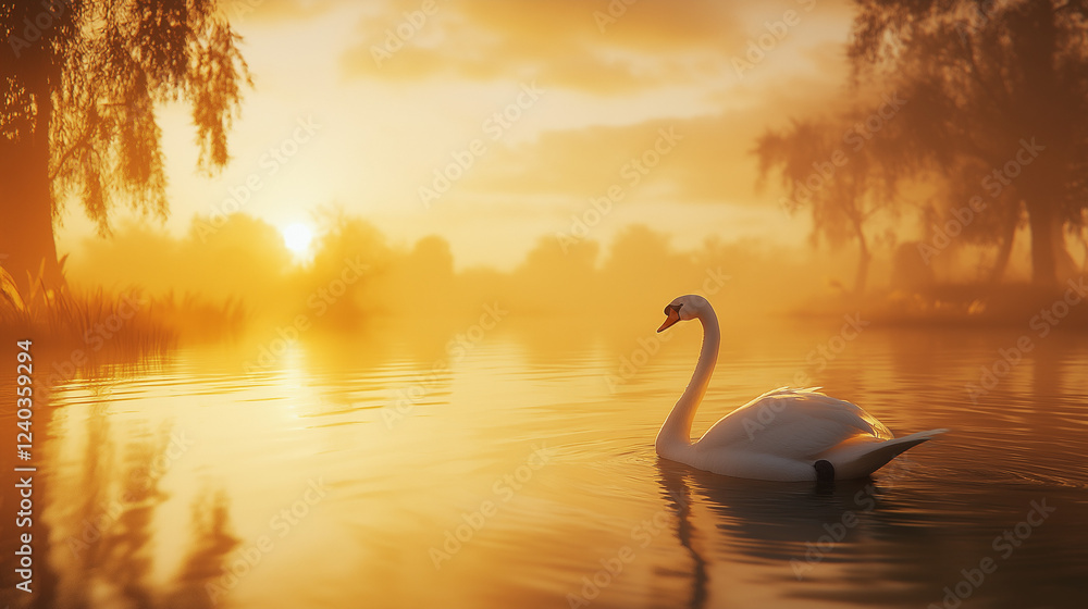 Fototapeta premium swan on the lake at sunset
