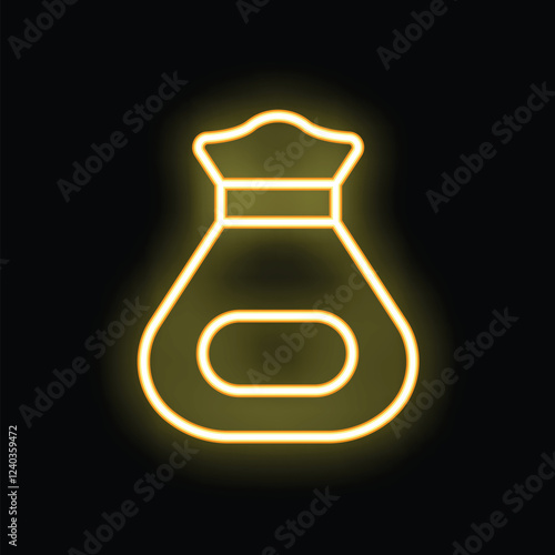 Yellow neon sign in the shape of a full money bag glowing on a black background