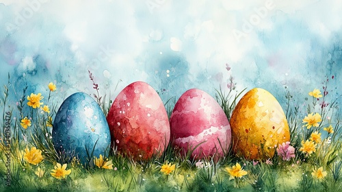 Easter celebration with colorful eggs fresh grass green background digital wallpaper serene environment artistic viewpoint easter wallpaper design photo