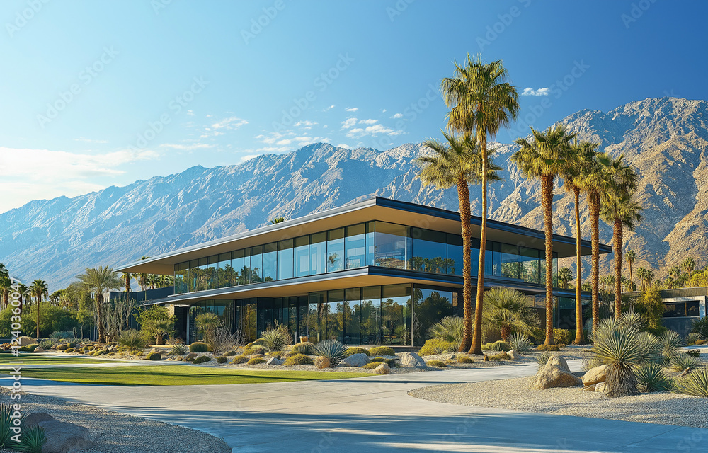 modern office building with sky, house on the hill, house in the garden, house in the park, A large office building in Palm Springs modern office building with sky, house on the hill, house in the garden, house in the park, A large office building in Palm Springs