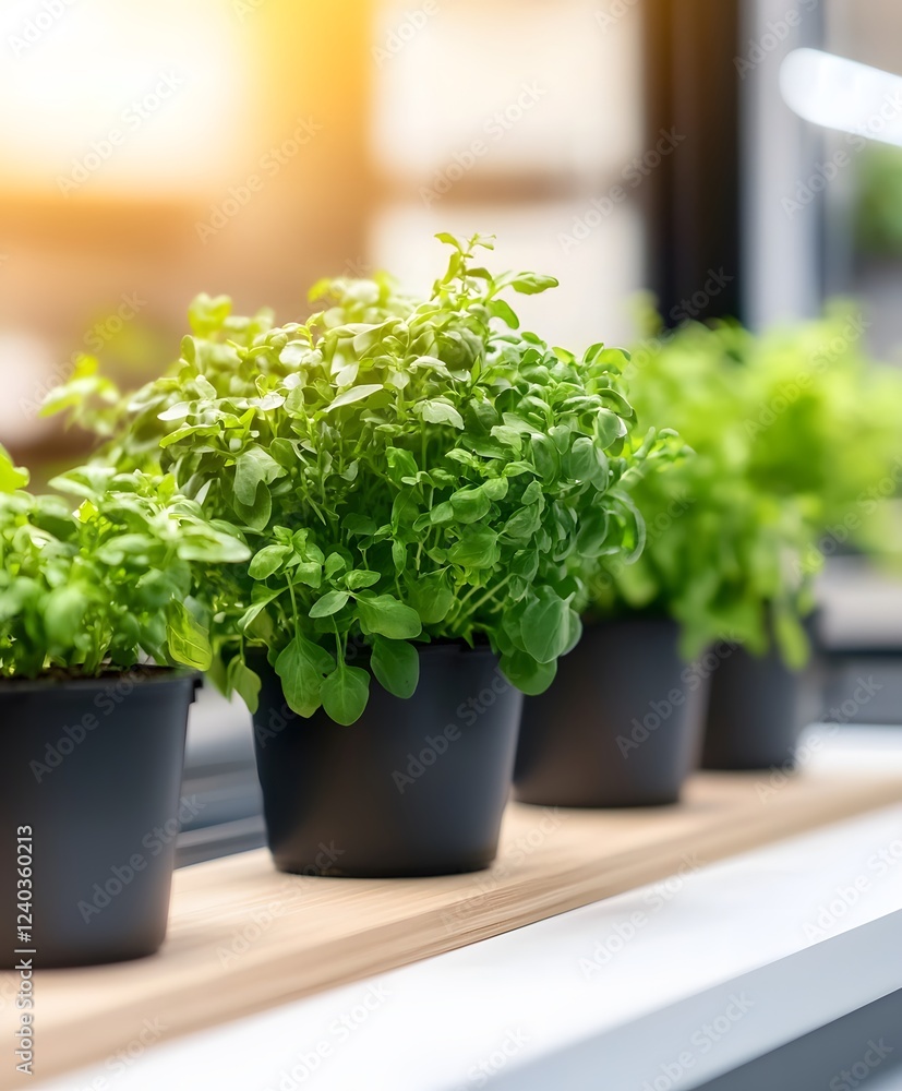 Fototapeta premium Green herb garden indoor setting photorealistic image natural light close-up plant growth concept