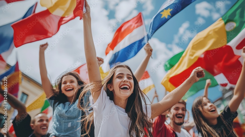 People of various ages and backgrounds celebrating their country's independence with flags and banners. People of various ages and backgrounds celebrating their country's independence with flags and banners.