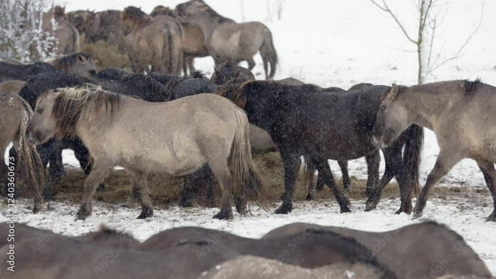 Wild horses family walking in snowy fields Wild horses family walking in snowy fields