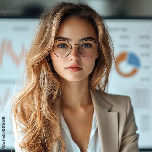 A young modern businesswoman is in a white room, there are statistical graphs in background and looks thoughtfully. photo