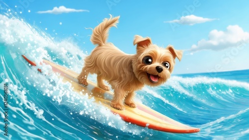 Happy dog surfing a big wave in the ocean
