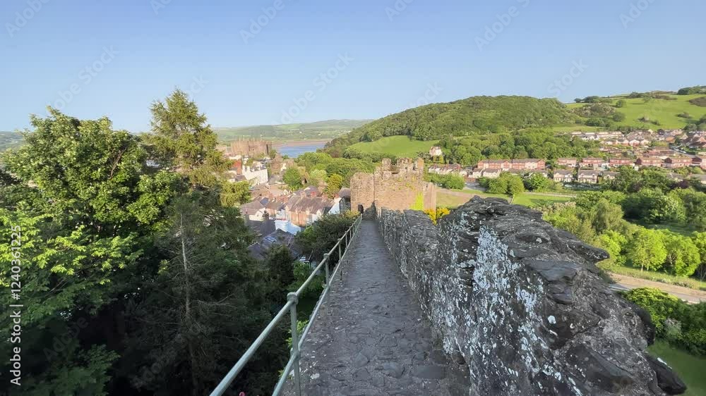 North Wales Conwy Town Walls Walk Downward Slope View North Wales Conwy Town Walls Walk Downward Slope View